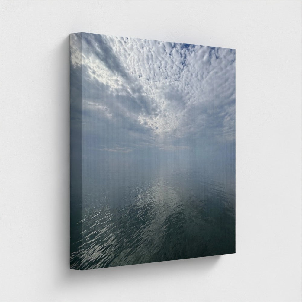 Eco-friendly canvas print of Blackpool seascape with layered clouds, calm water reflections, and a distant pier under a quiet sky, size: 20''x20''