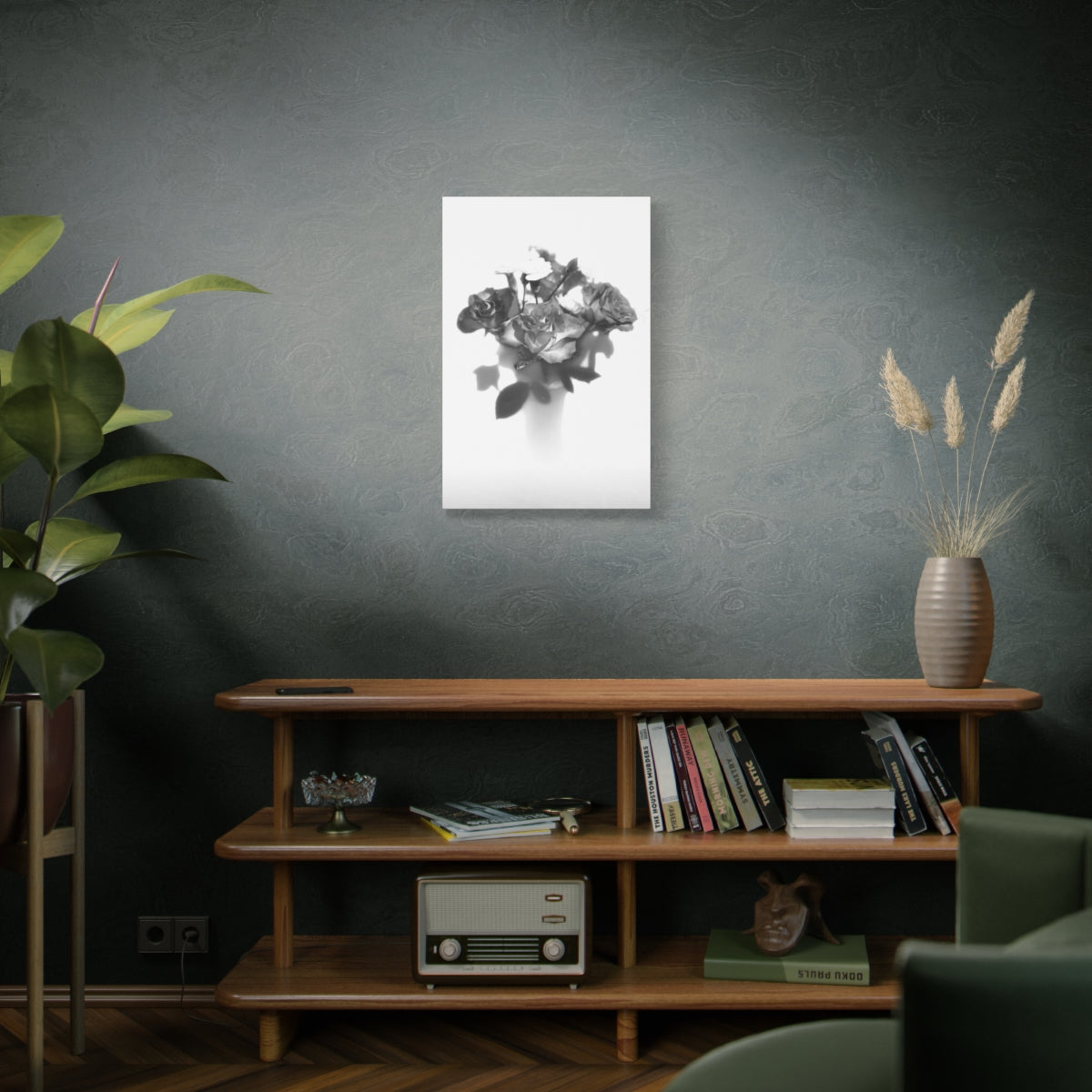 vertical black and white floral canvas print featuring roses, size: 20''x30''