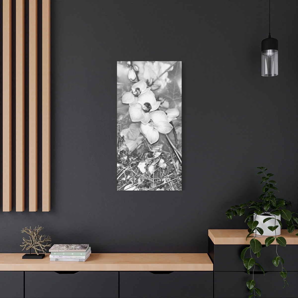 black and white canvas featuring close up of orchids, vertical, size: 20''x40''