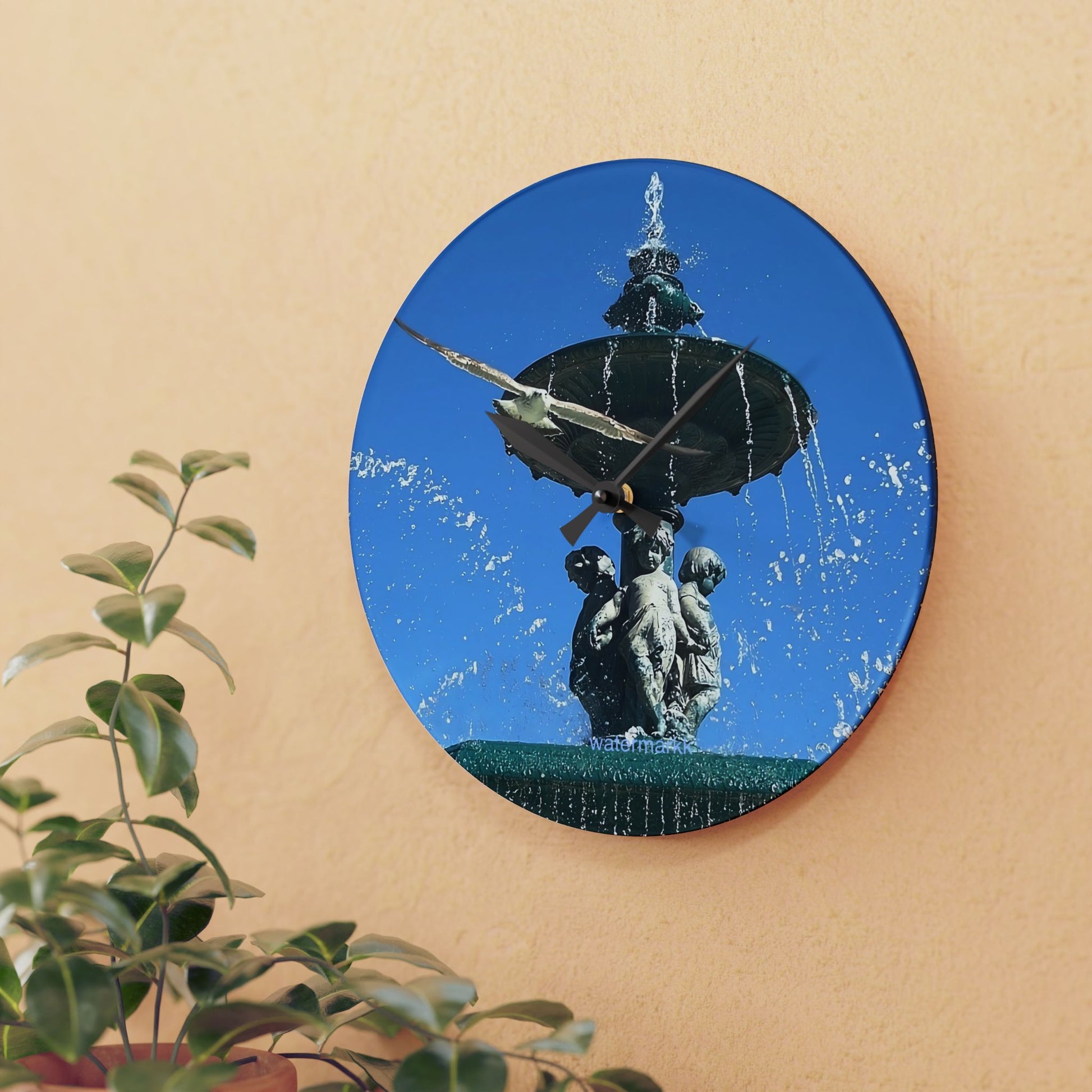 Acrylic wall clock featuring seagull in flight, blue sky and fountain in Lisbon