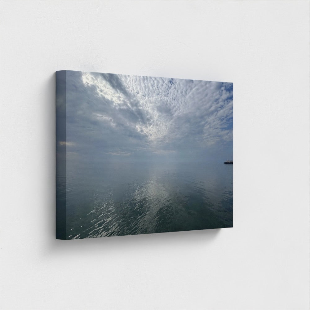 Eco-friendly canvas print of Blackpool seascape with layered clouds, calm water reflections, and a distant pier under a quiet sky, size: 24''x16''
