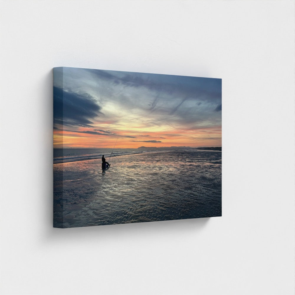 Green Wall Art Blackpool Beach Red Sunset: wide canvas of red skies over sea with a silhouetted angler