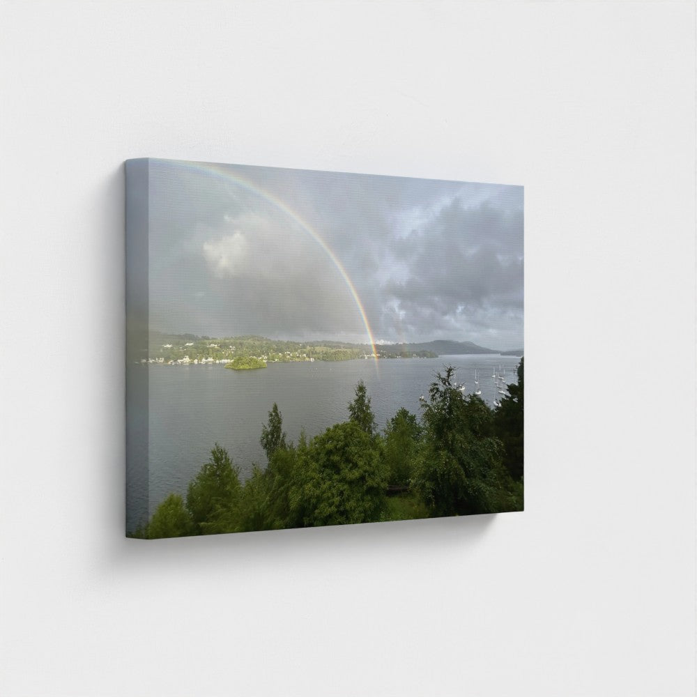 Windermere Rainbow Recycled Wall Art Lake District Landscape mid‑wide crop balancing lake surface ripples, sailing masts on right