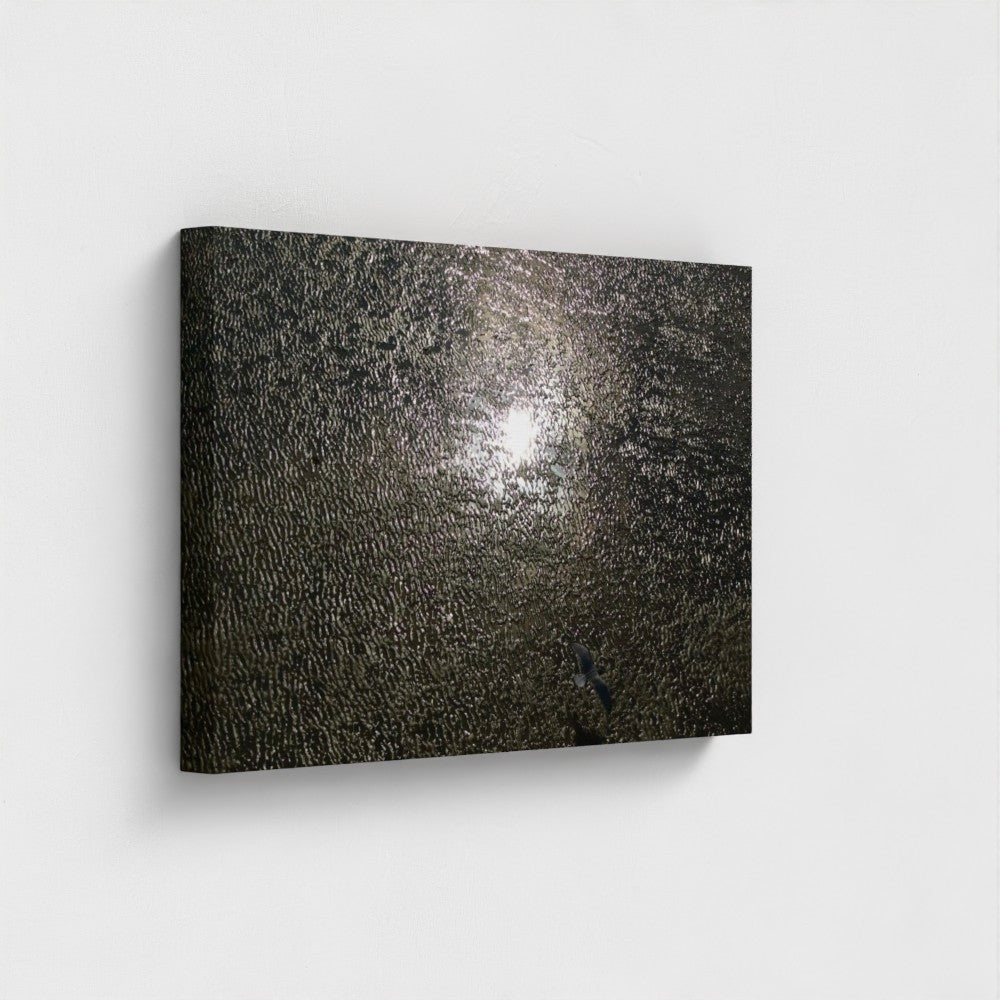 24'' x 16'' recycled canvas print of seagull gliding across reflective sand