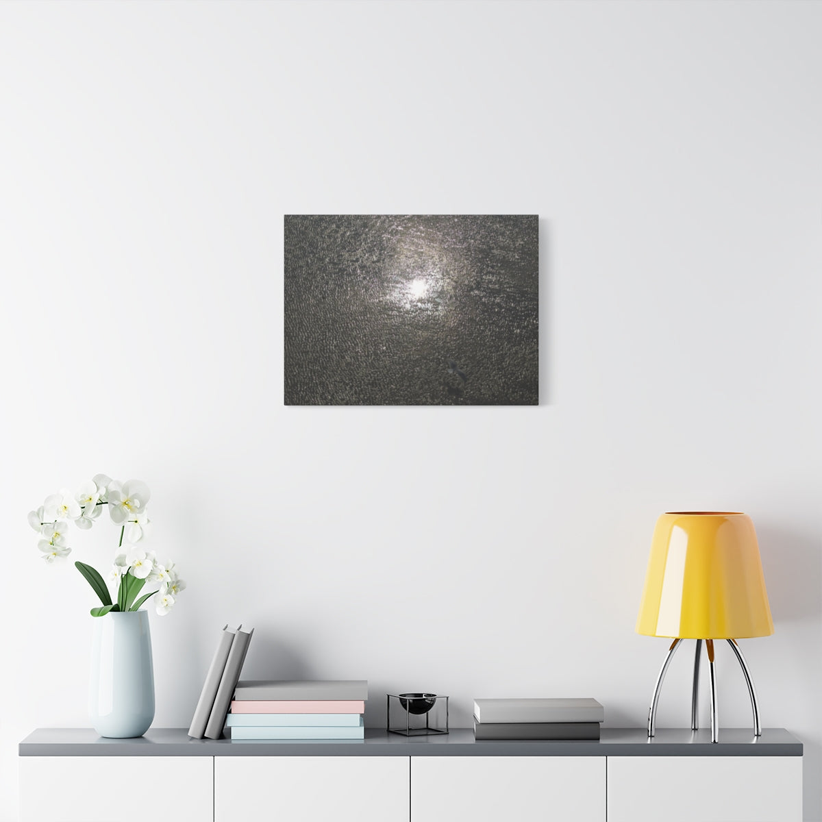 horizontal canvas print featuring the Sun reflection in the beach in Blackpool with seagull in flight over it, size: 24''x18''