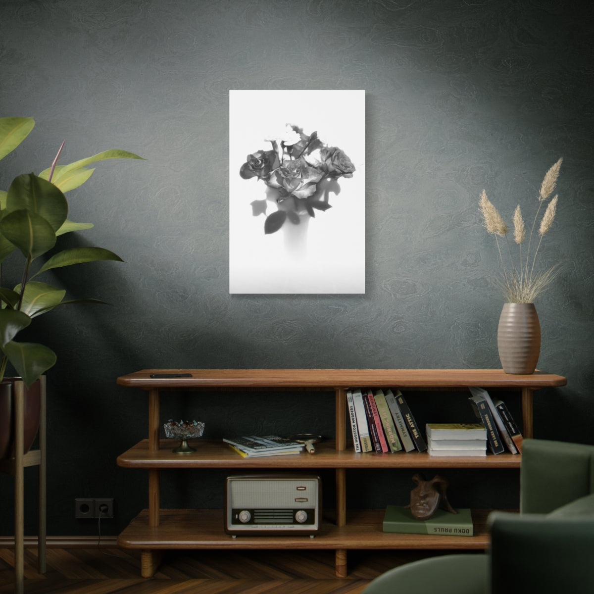 vertical black and white floral canvas print featuring roses, size: 24''x36''