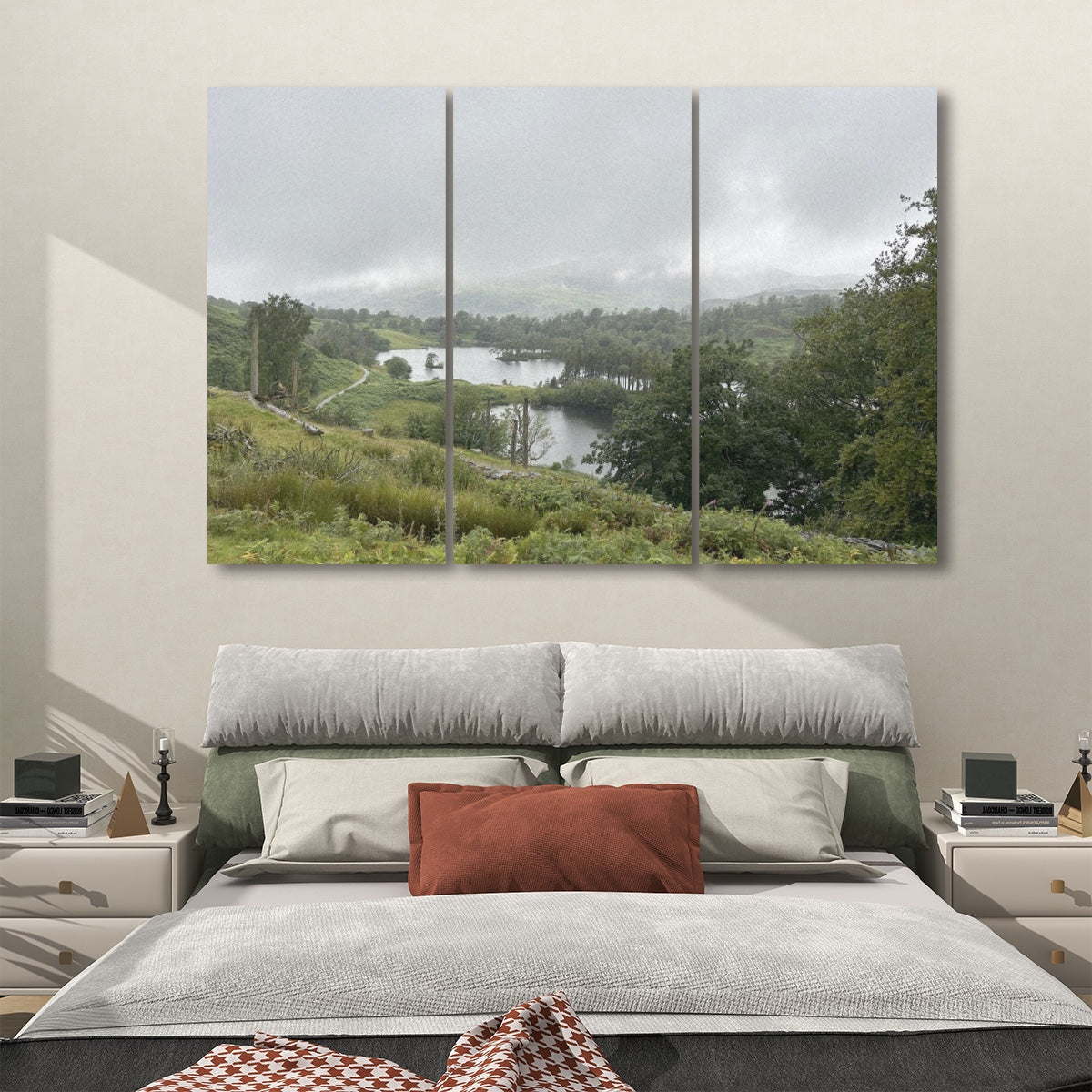 Papis Canvas Lake District Landscape 3 Decorative Sound Absorbing Wall Panels triptych above bed showing misty lake and hills