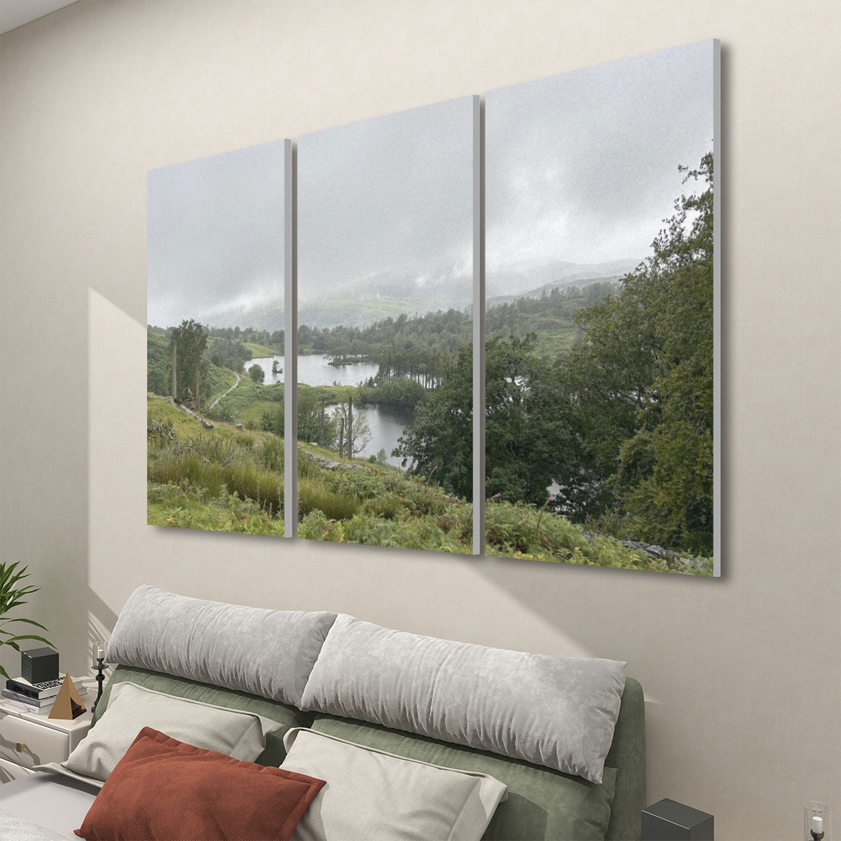 Lake District Landscape 3 Decorative Sound Absorbing Wall Panels triptych above bed showing misty lake and green hills