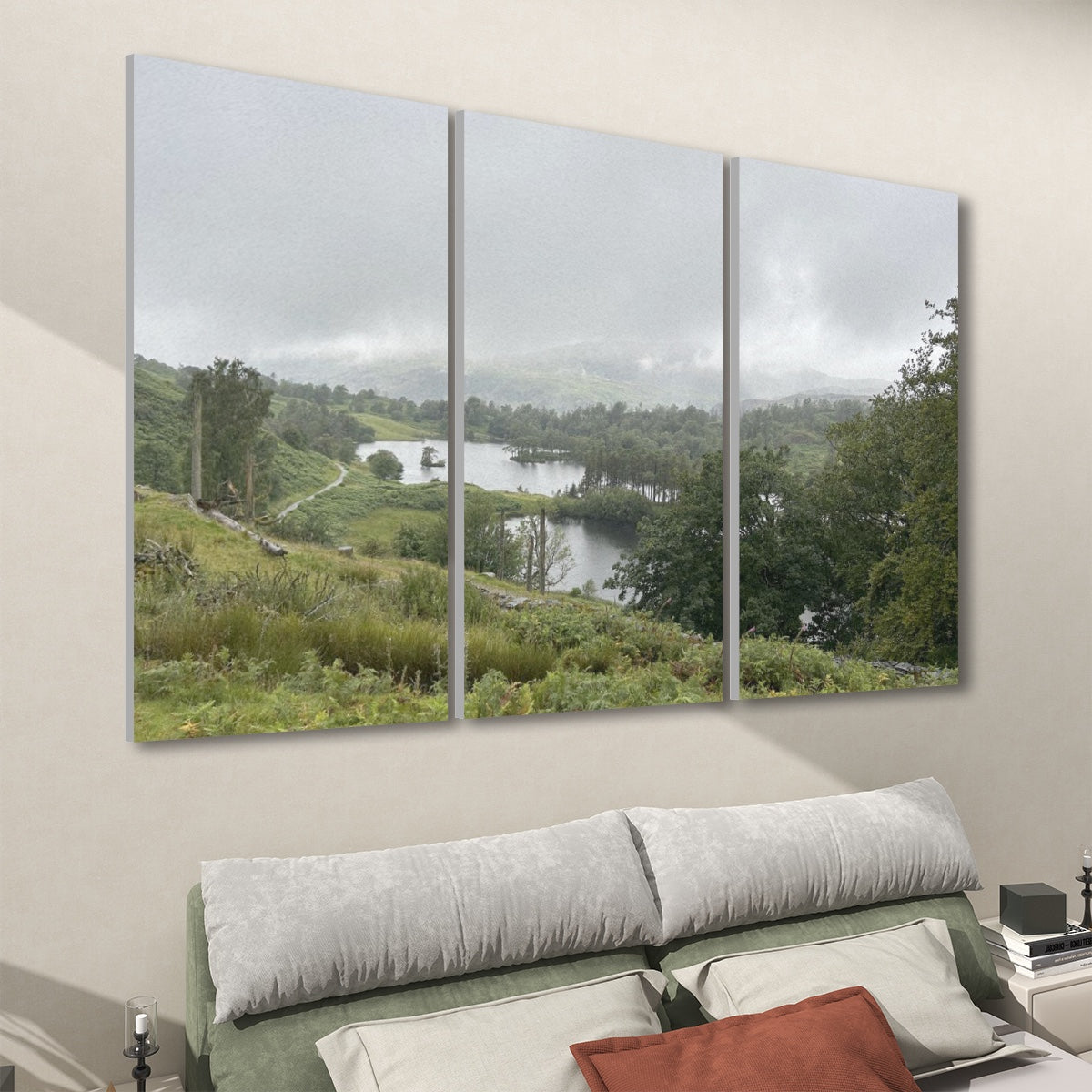 Papis Canvas Lake District Landscape 3 Decorative Sound Absorbing Wall Panels triptych of misty lake and green hills above bed