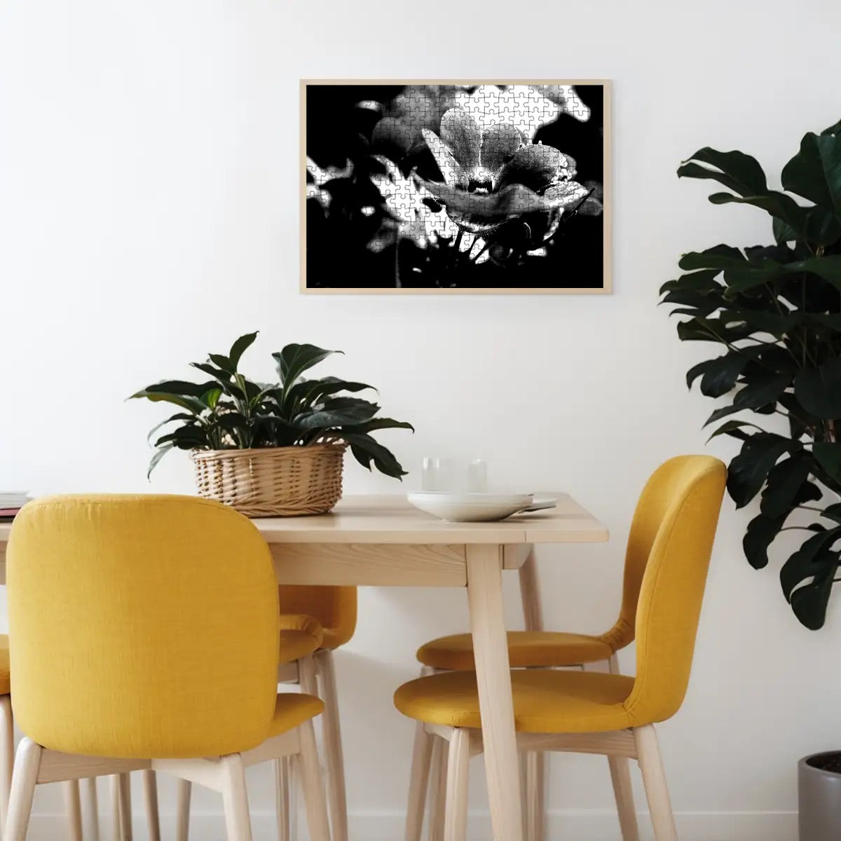 300-piece basswood jigsaw puzzle featuring a black and white version of a red Nemesia flower close-up, size 15" x 10.2"