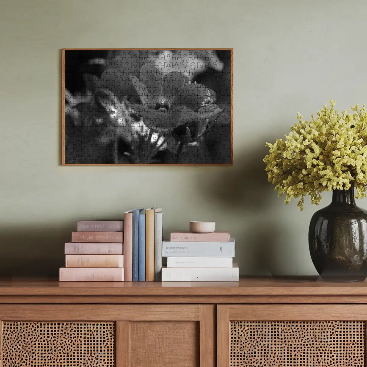 300-piece basswood jigsaw puzzle in greyscale, showing a soft monochrome close-up of a red Nemesia flower, size 15" x 10.2"
