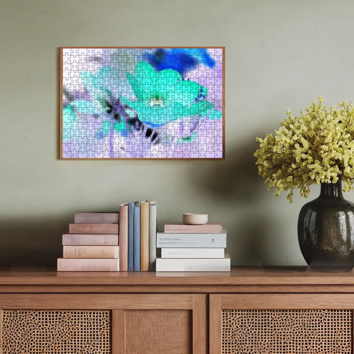 300-piece basswood jigsaw puzzle with an inverted color version of a red Nemesia flower, striking and unique, size 15" x 10.2"