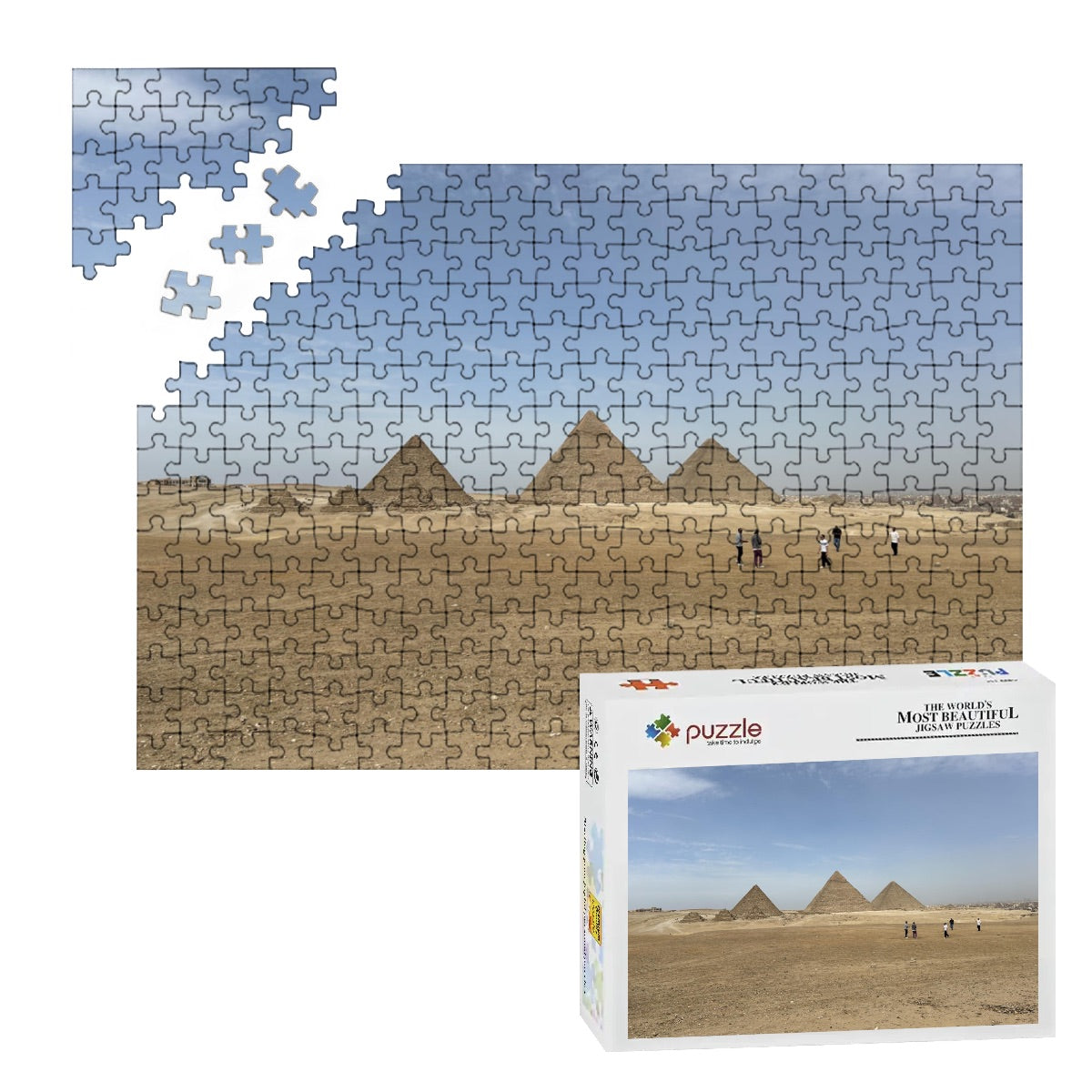 Full color image of the Pyramids of Giza under a bright blue sky with golden desert sands.