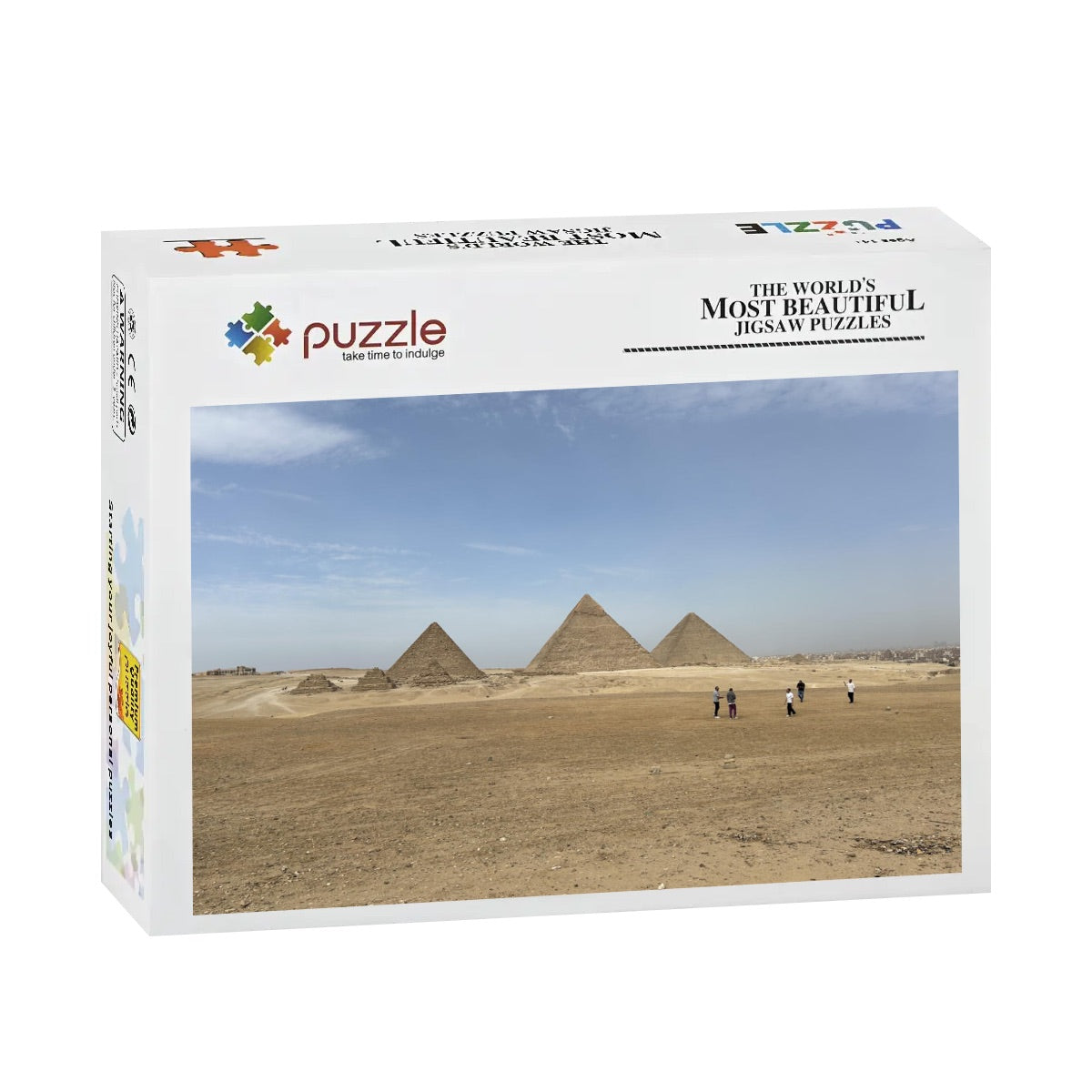 Full color image of the Pyramids of Giza under a bright blue sky with golden desert sands.
