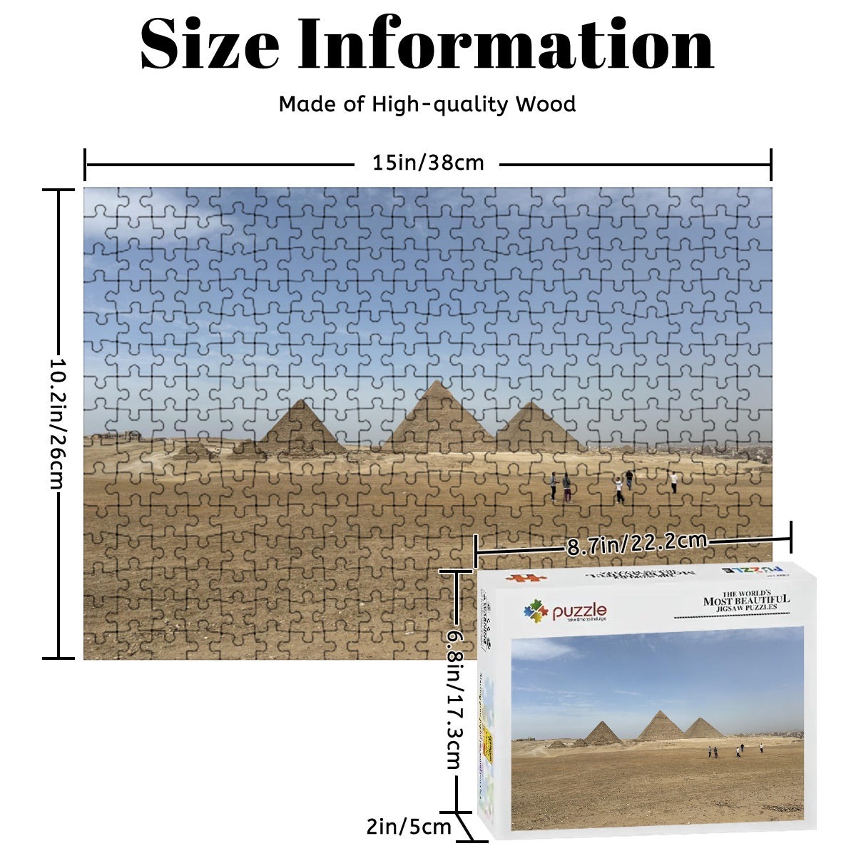 Full color image of the Pyramids of Giza under a bright blue sky with golden desert sands.