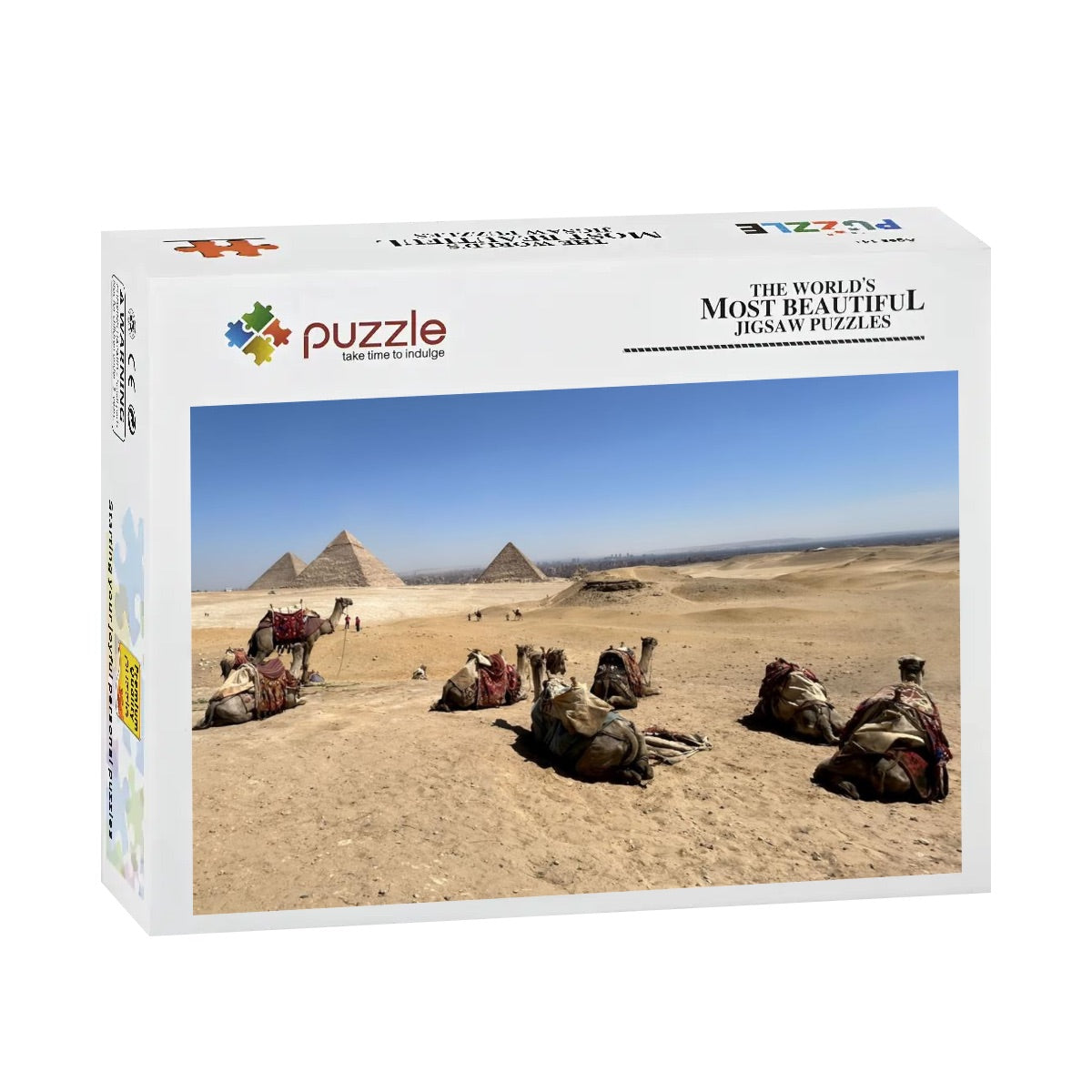 300-piece basswood puzzle of camels resting in the Giza desert with pyramids and skyline in full color