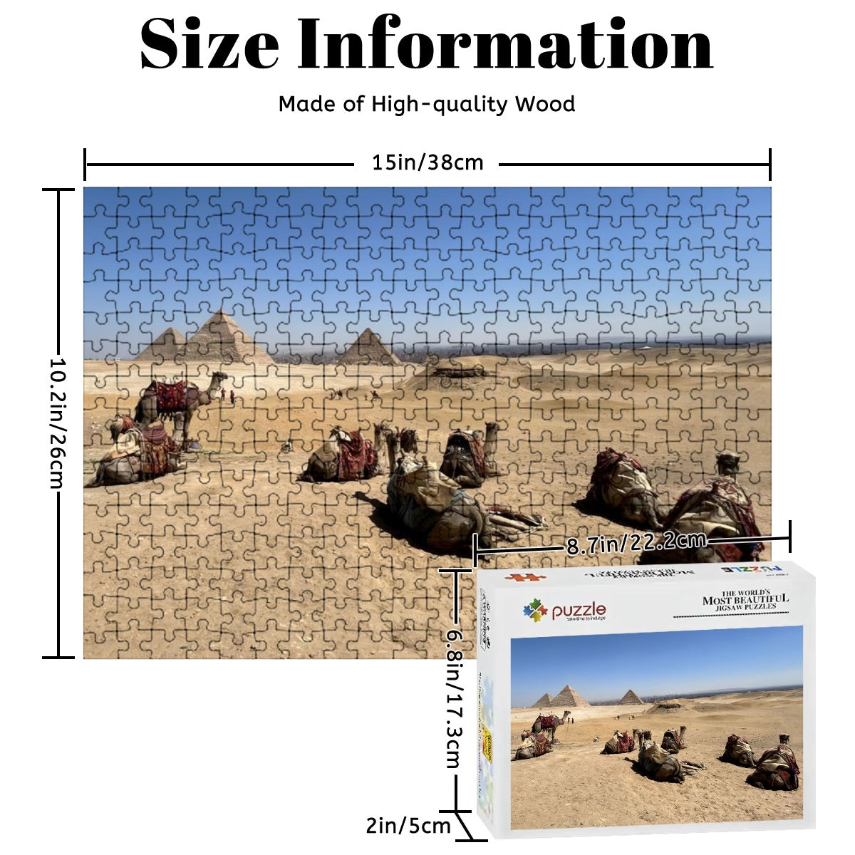300-piece basswood puzzle of camels resting in the Giza desert with pyramids and skyline in full color