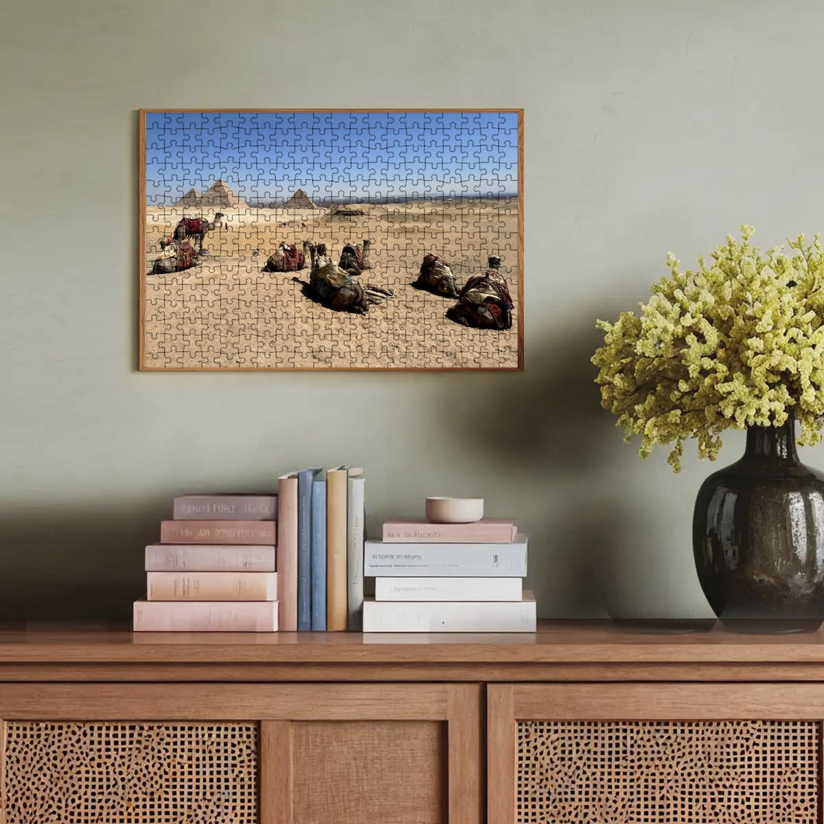 300-piece basswood puzzle of camels resting in the Giza desert with pyramids and skyline in full color