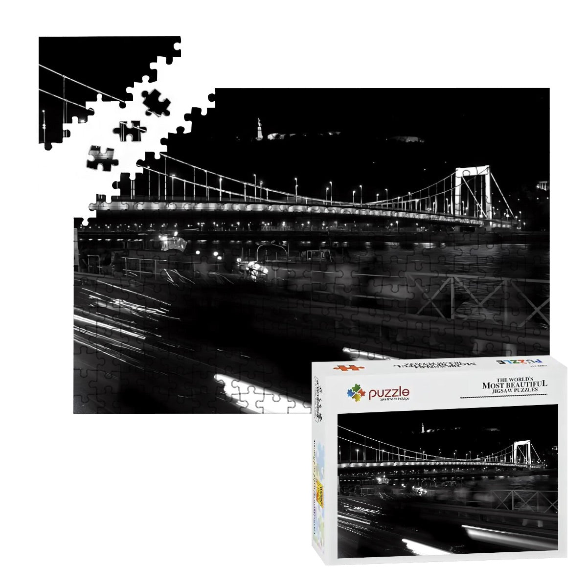 Full color photograph of a historic bridge in Budapest with elegant architecture and river scenery.