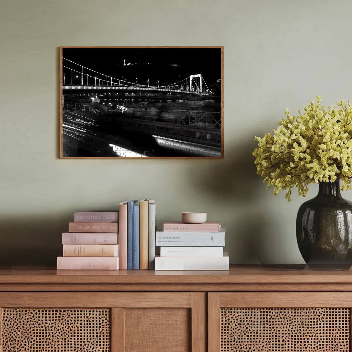 Full color photograph of a historic bridge in Budapest with elegant architecture and river scenery.