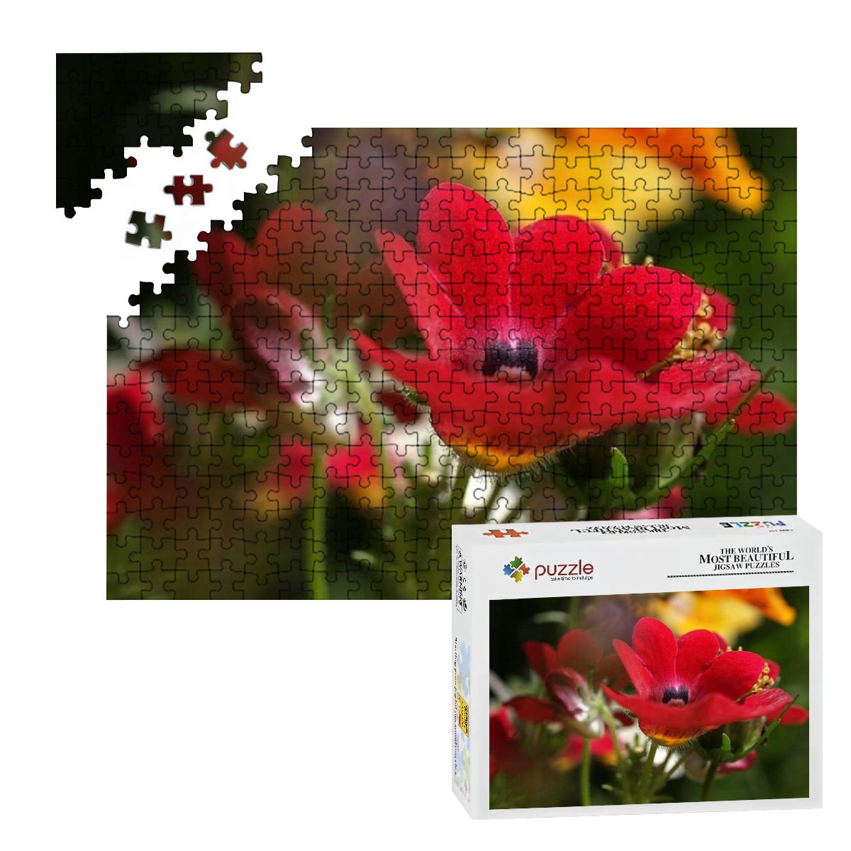 300-piece basswood jigsaw puzzle showing a vibrant close-up of a red Nemesia flower in full color, size 15" x 10.2"