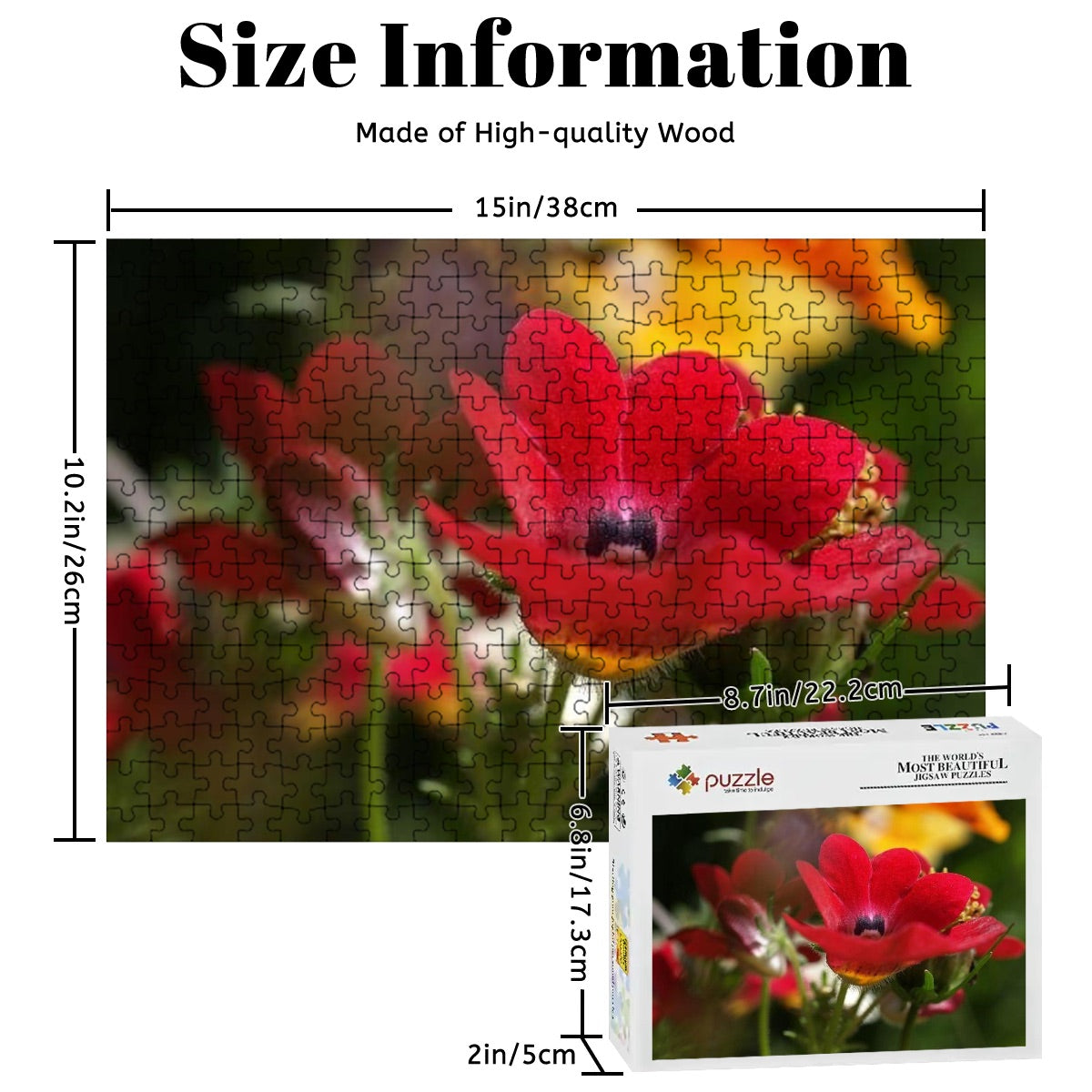300-piece basswood jigsaw puzzle showing a vibrant close-up of a red Nemesia flower in full color, size 15" x 10.2"