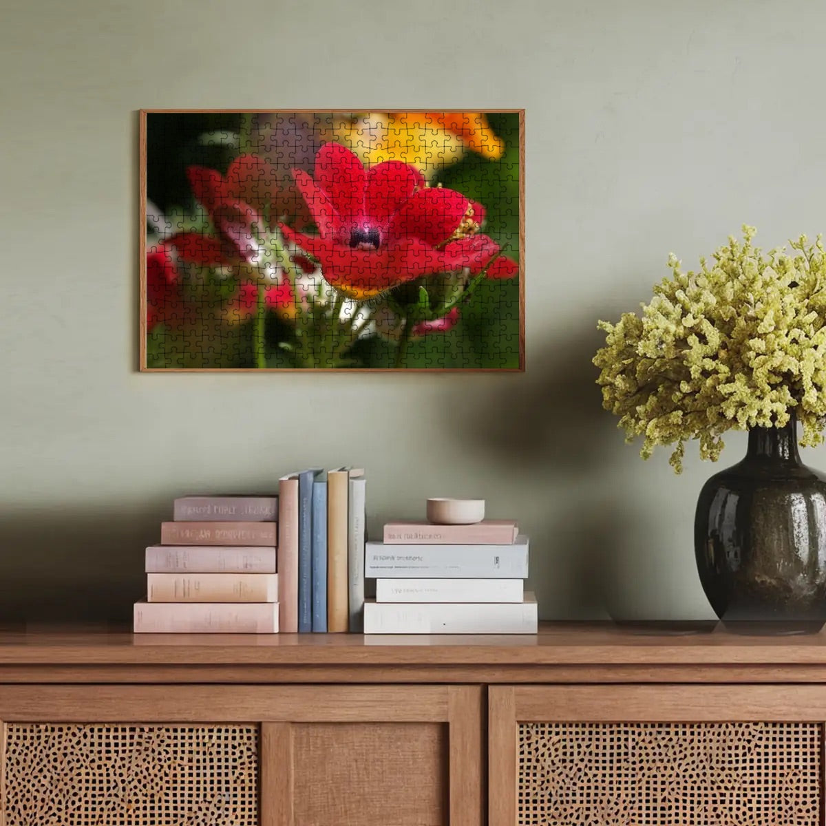 300-piece basswood jigsaw puzzle showing a vibrant close-up of a red Nemesia flower in full color, size 15" x 10.2"