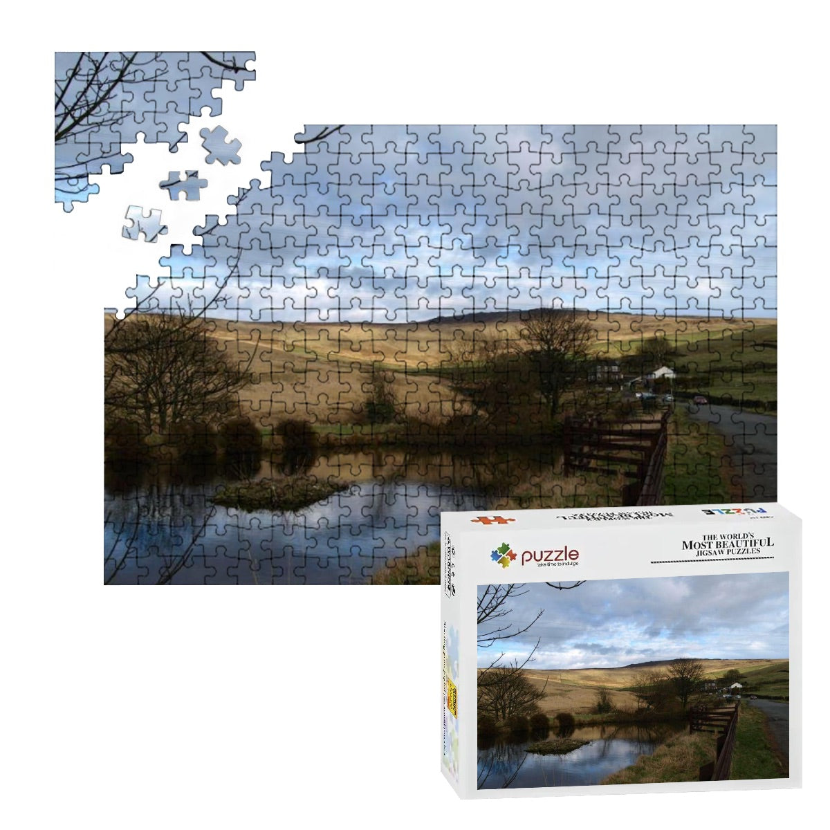 300-piece wooden puzzle with full color British countryside, showing soft golden tones and a reflective pond.