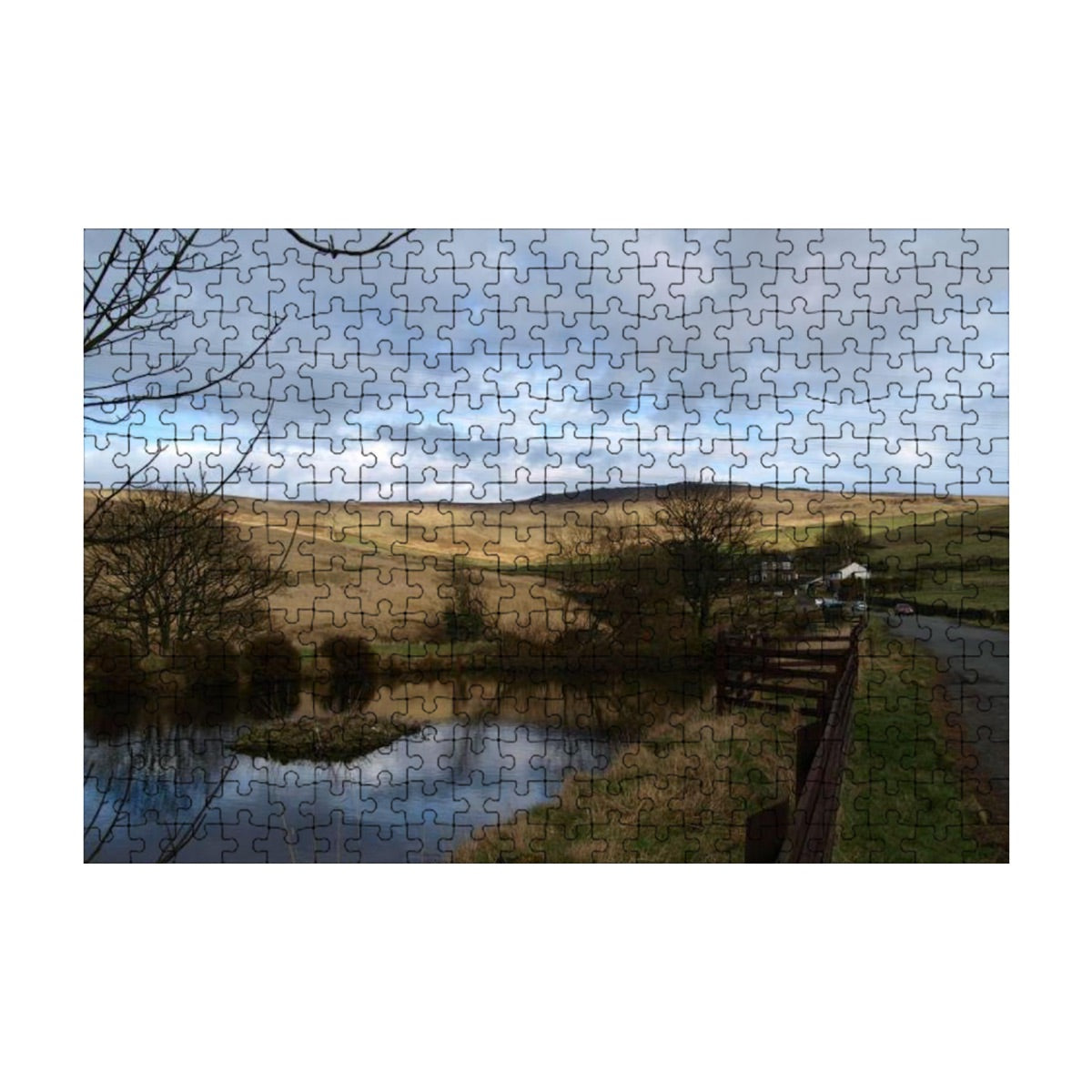 300-piece wooden puzzle with full color British countryside, showing soft golden tones and a reflective pond.