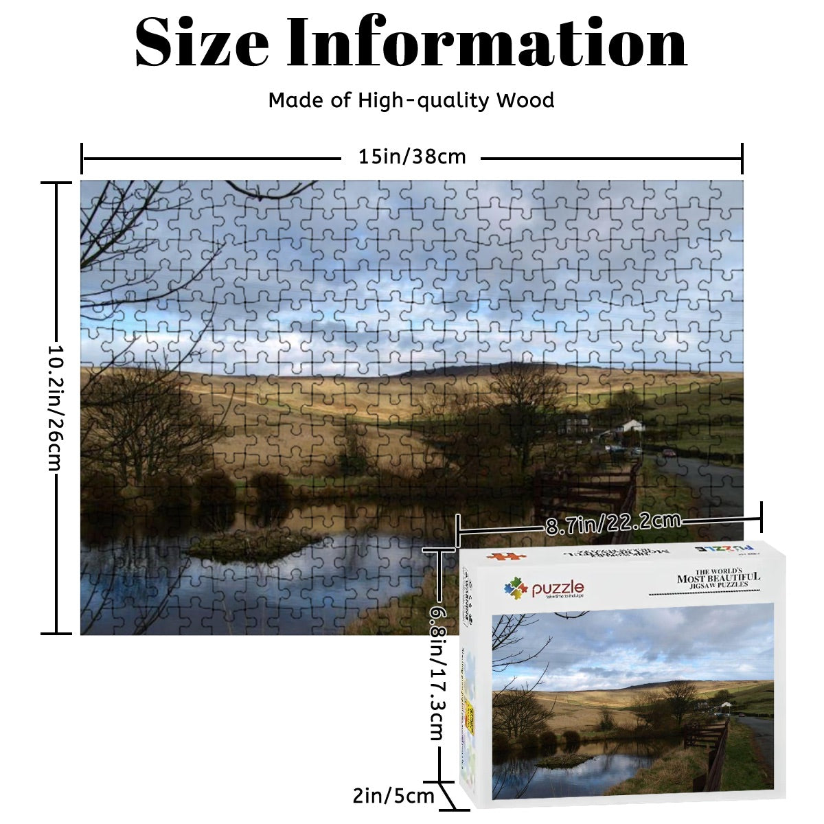 300-piece wooden puzzle with full color British countryside, showing soft golden tones and a reflective pond.