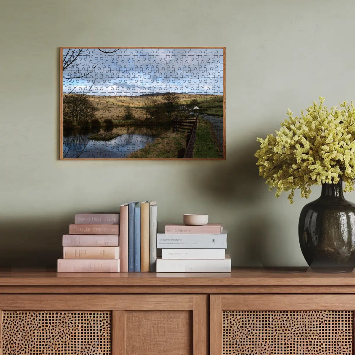 300-piece wooden puzzle with full color British countryside, showing soft golden tones and a reflective pond.