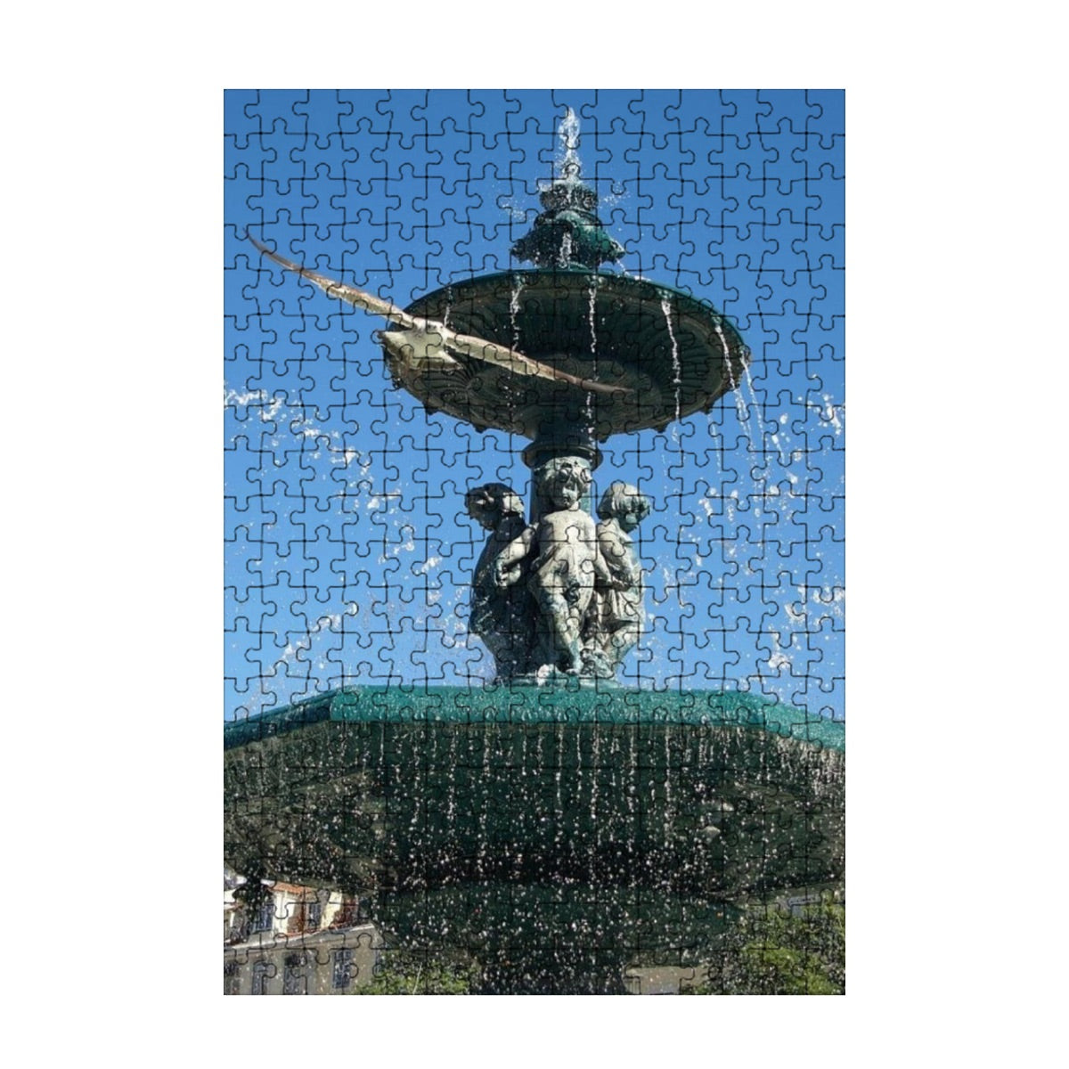 300-piece basswood jigsaw puzzle showing a full-color image of a seagull flying toward the camera in Lisbon with a fountain and blue sky, size 15" x 10.2"