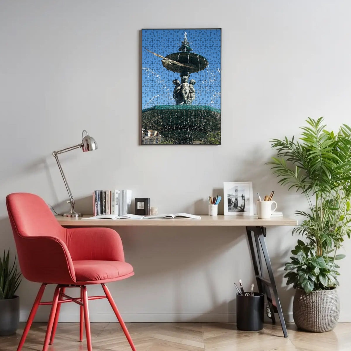 300-piece basswood jigsaw puzzle showing a full-color image of a seagull flying toward the camera in Lisbon with a fountain and blue sky, size 15" x 10.2"