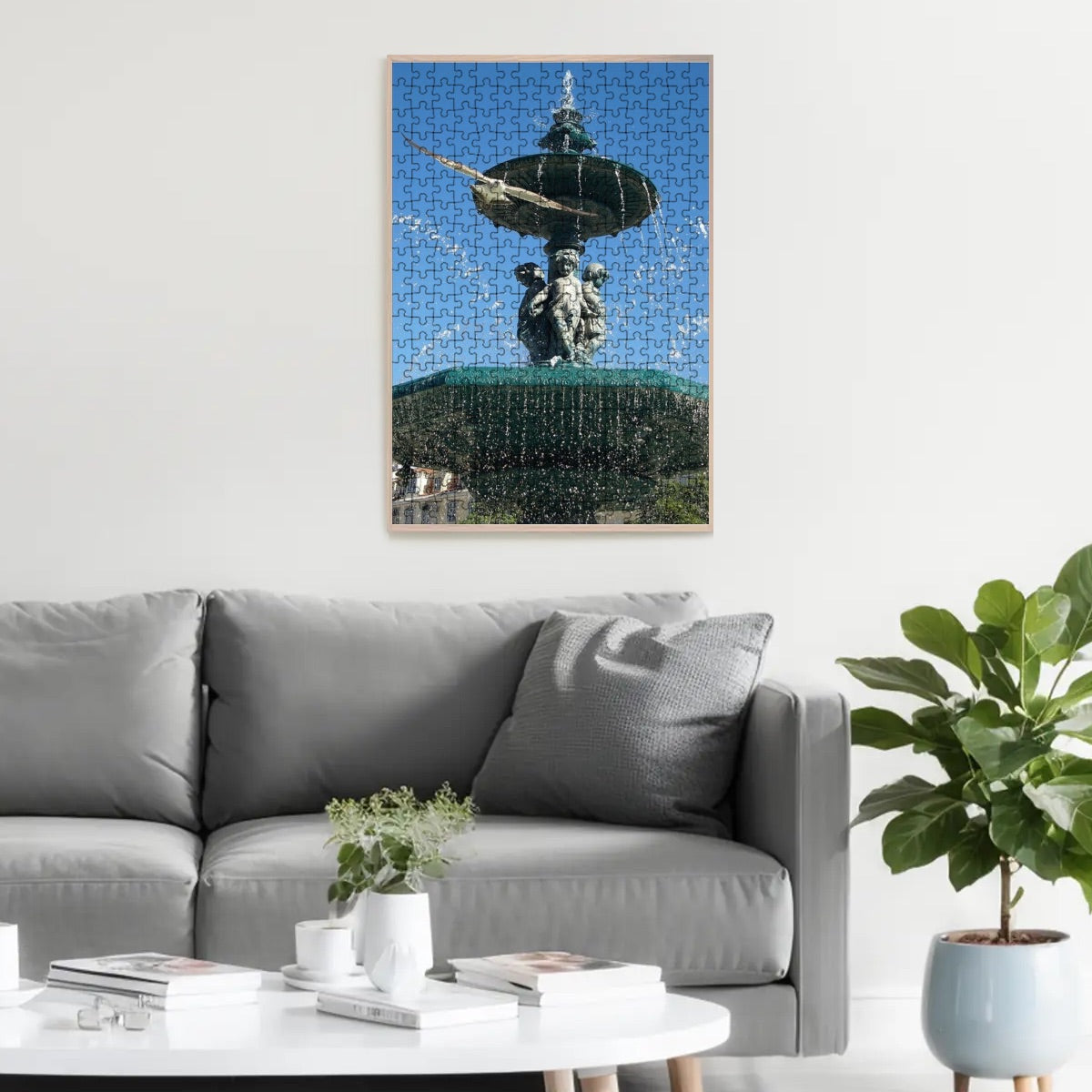 300-piece basswood jigsaw puzzle showing a full-color image of a seagull flying toward the camera in Lisbon with a fountain and blue sky, size 15" x 10.2"