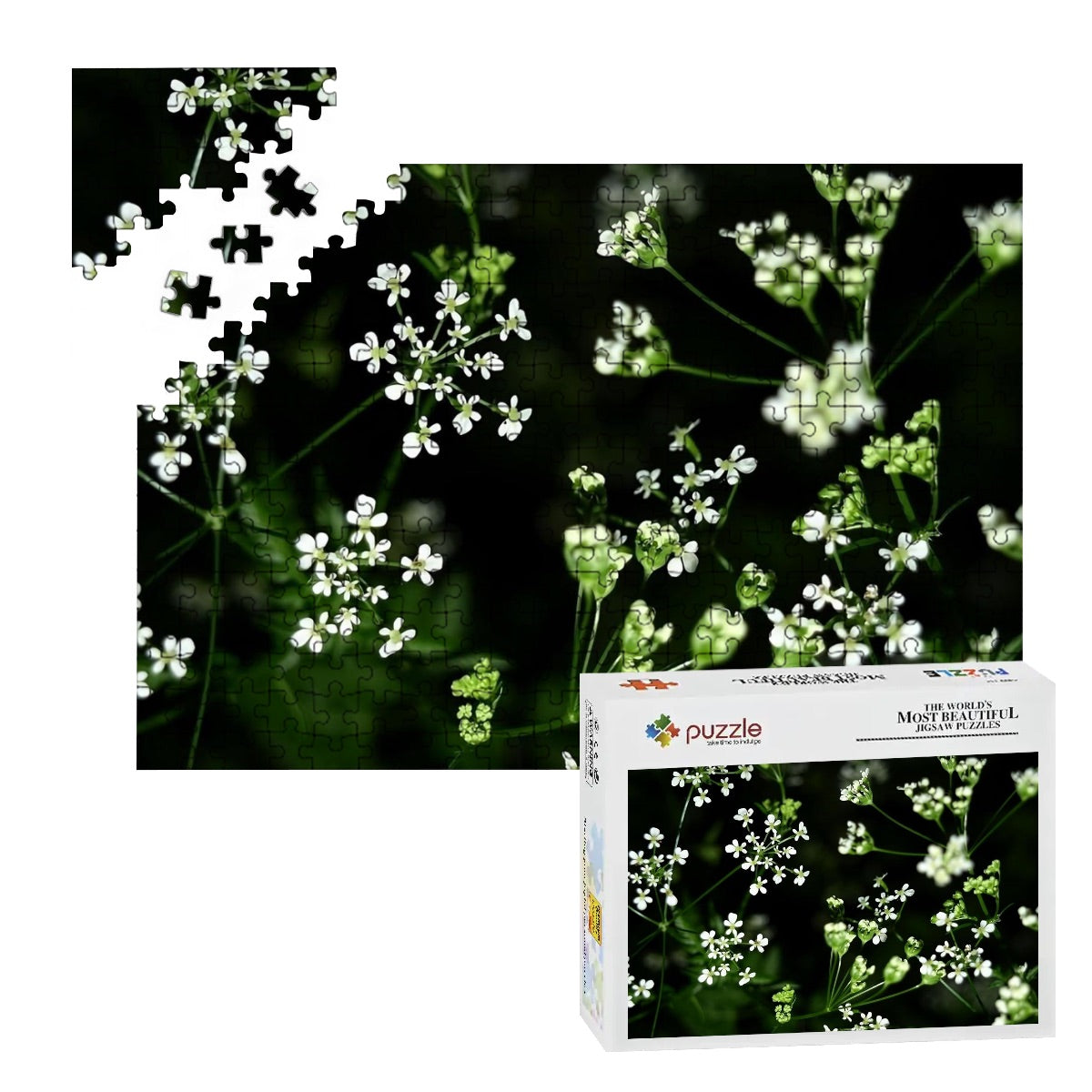 300-piece wooden puzzle with soft white wildflowers in full color, printed on lightweight basswood with natural tones.