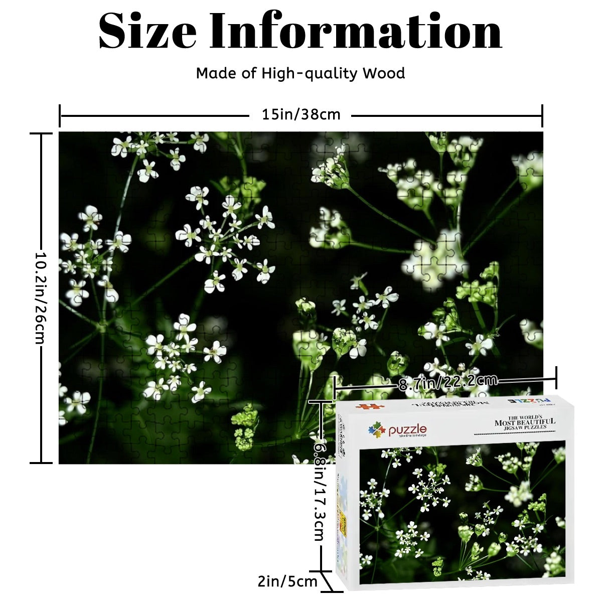 300-piece wooden puzzle with soft white wildflowers in full color, printed on lightweight basswood with natural tones.