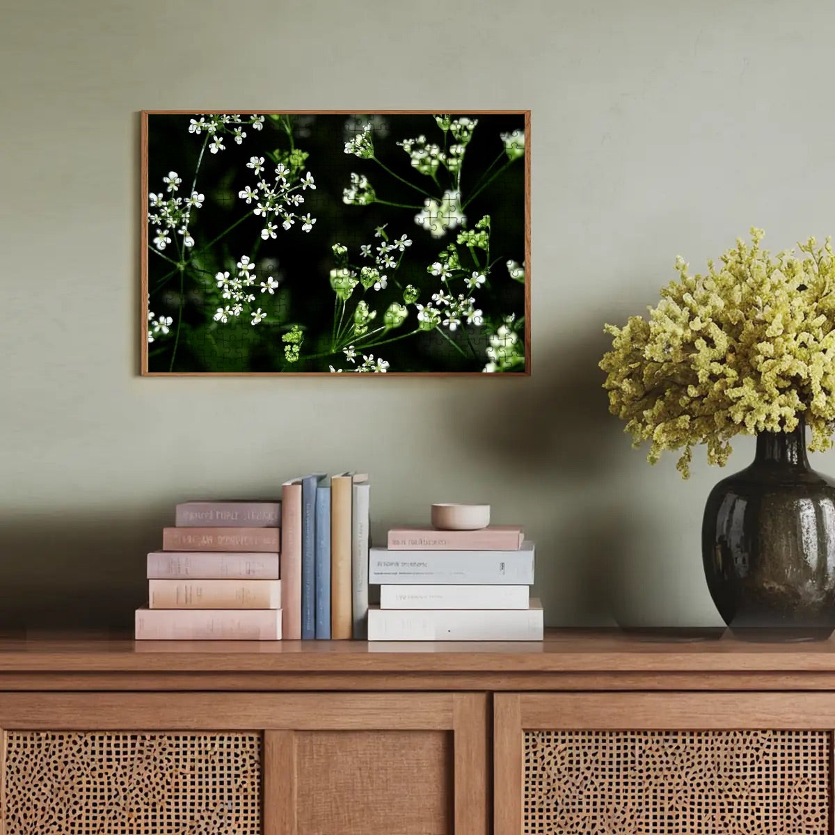 300-piece wooden puzzle with soft white wildflowers in full color, printed on lightweight basswood with natural tones.