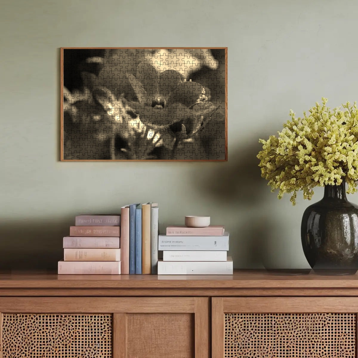 300-piece basswood jigsaw puzzle in sepia tones featuring a vintage-style close-up of a red Nemesia flower, size 15" x 10.2"