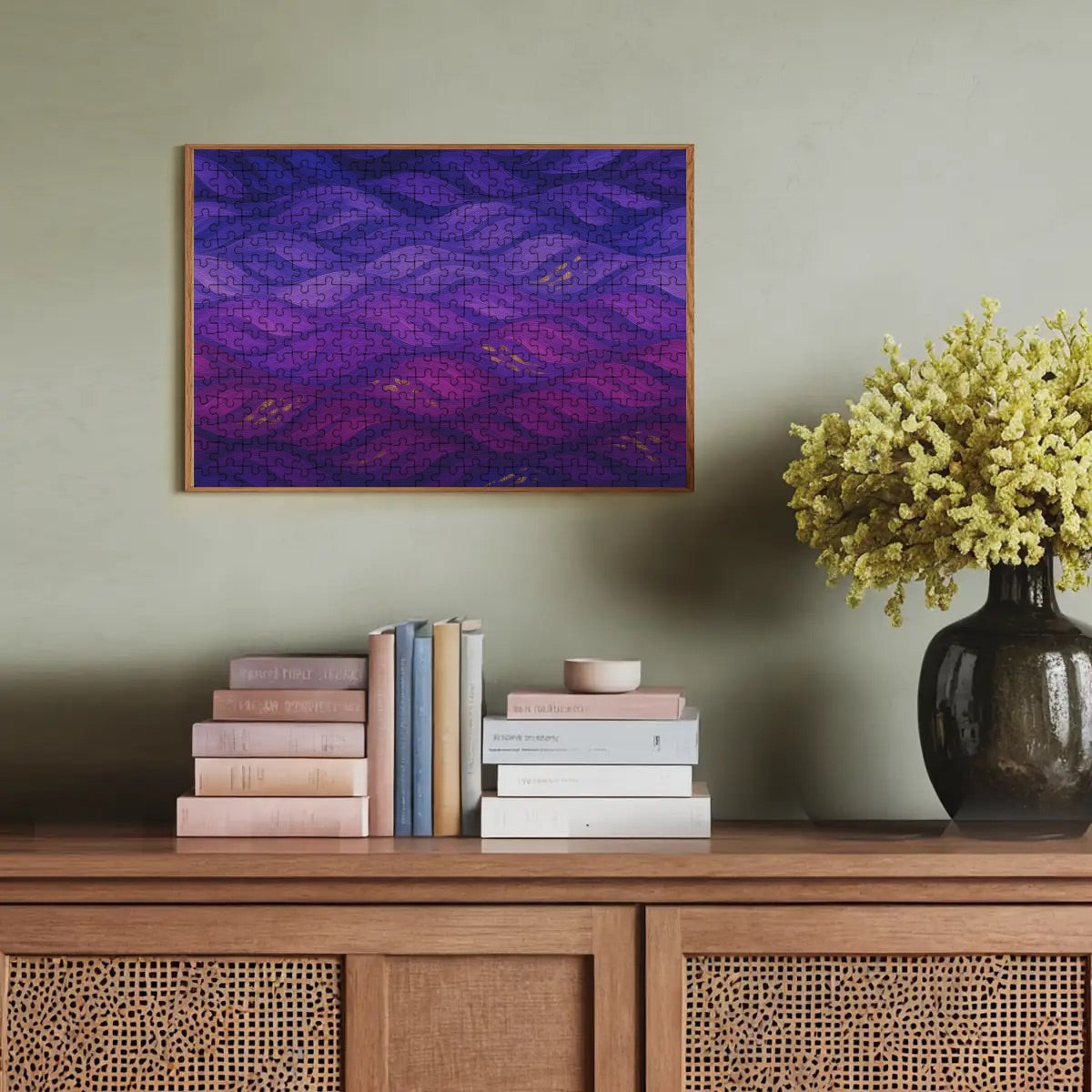 300 piece wooden jigsaw puzzle in full color with rich purple and golden wave patterns