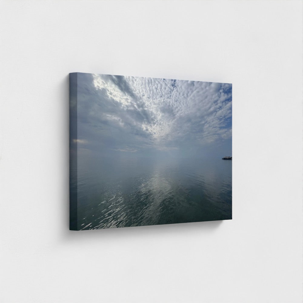 Eco-friendly canvas print of Blackpool seascape with layered clouds, calm water reflections, and a distant pier under a quiet sky, size: 30''x20''