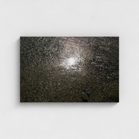 30'' x 20'' eco-friendly canvas with seagull flying over bright reflections on wet sand