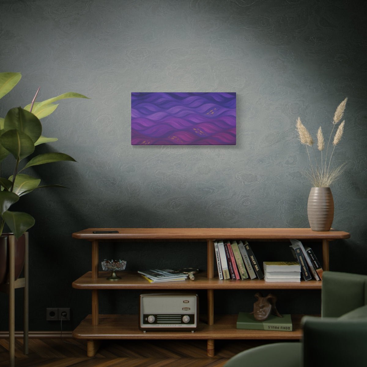 front view mockup 30''x15'' Abstract canvas artwork with fluid plum and violet waves, accented by soft golden highlights and layered with tonal depth