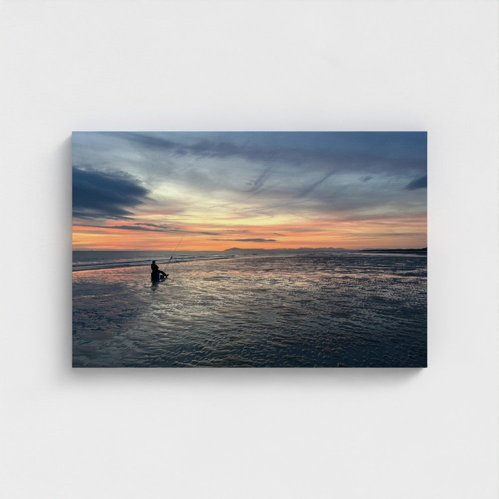 Green Wall Art Blackpool Beach Red Sunset: large print capturing red sunset over sea and distant hills front view