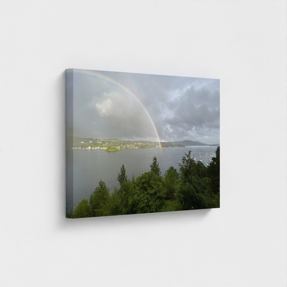 Windermere Rainbow Recycled Wall Art Lake District Landscape oblique view, deeper tonal gradation in clouds