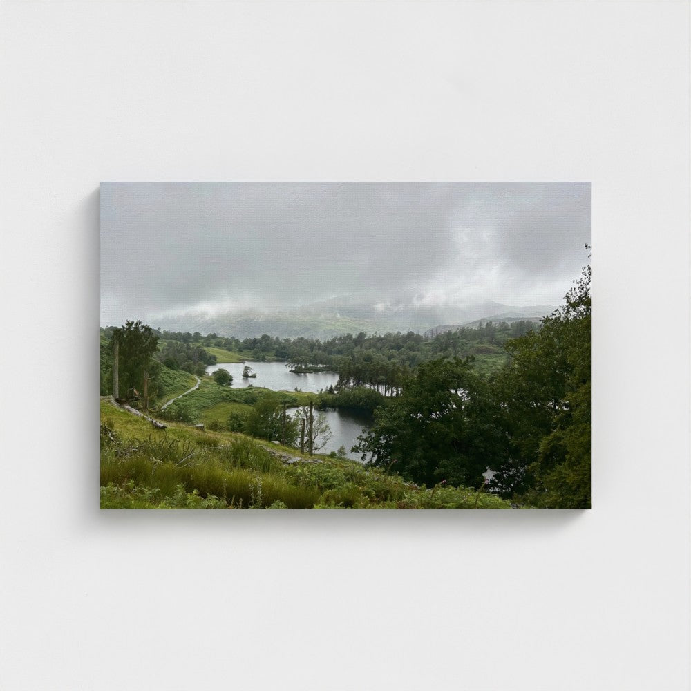 Recycled Canvas Wall Art Tarn Hows Lake District Landscape expansive horizontal framing multiple tarn pools receding toward misted ridges
