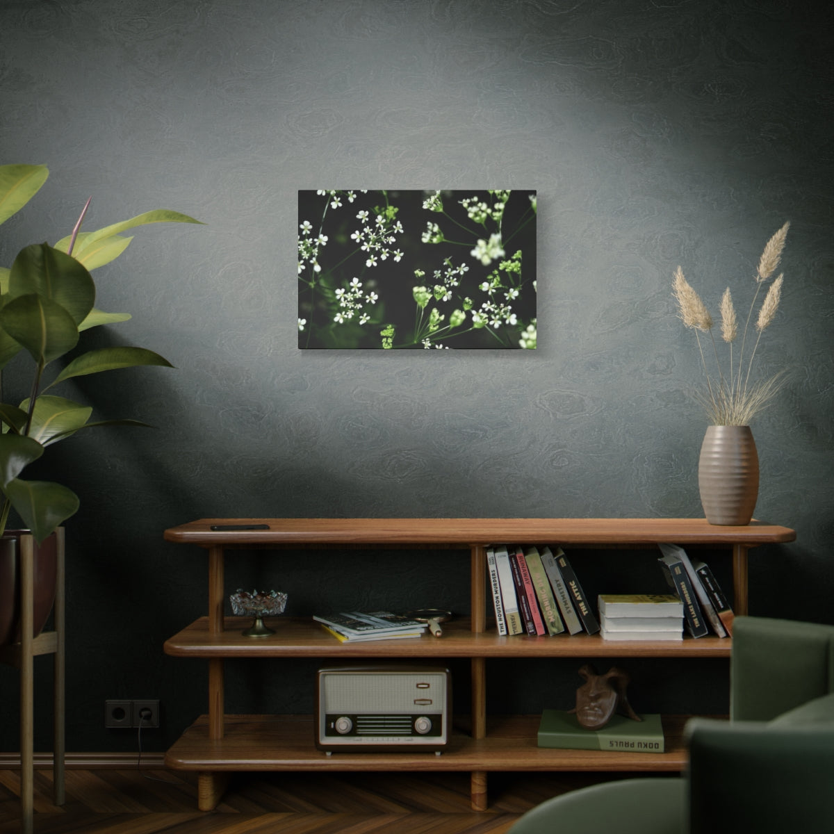 floral canvas print featuring white little flowers on black and green background size: 30''x20''