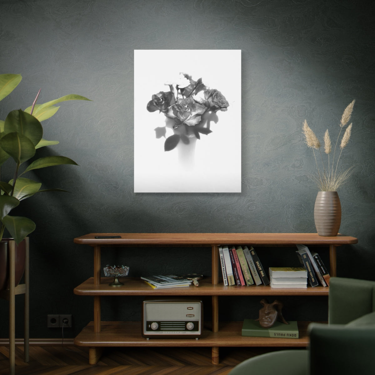 vertical black and white floral canvas print featuring roses, size: 30''x40''