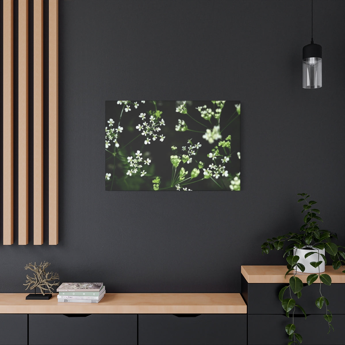 floral canvas print featuring white little flowers on black and green background size: 36''x24''