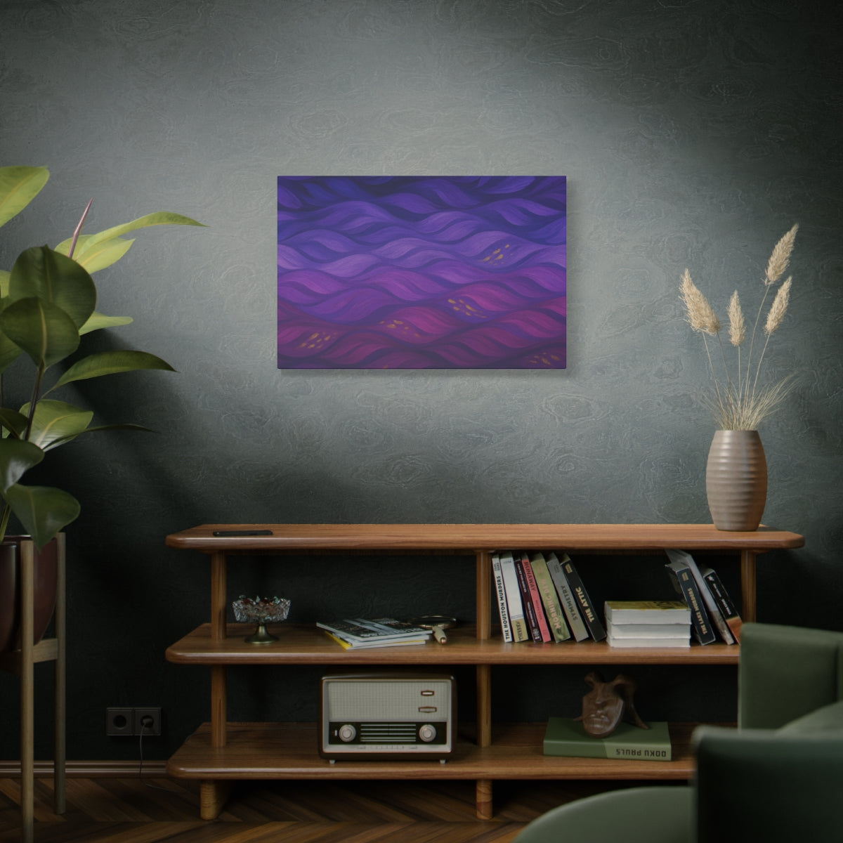 front view mockup 36''x24'' Abstract canvas artwork with fluid plum and violet waves, accented by soft golden highlights and layered with tonal depth