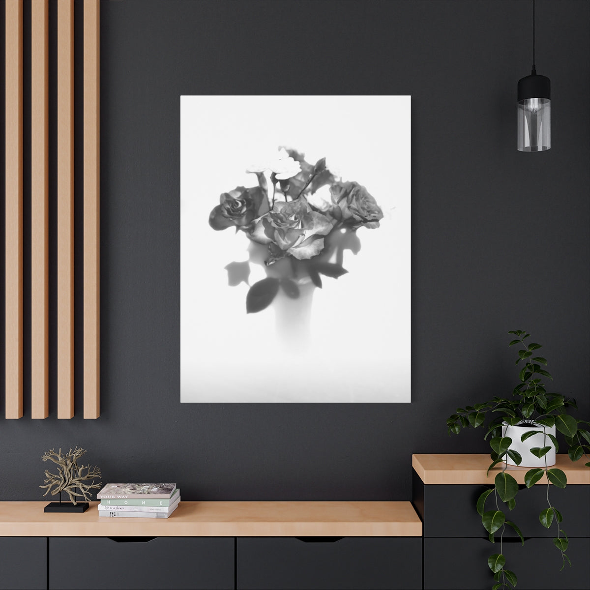 vertical black and white floral canvas print featuring roses, size: 36''x48''